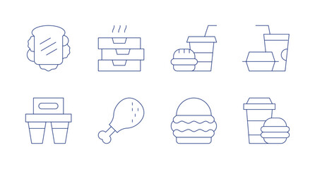 Fast food icons. Editable stroke. Containing sandwich, soda, pizza, chicken leg, fast food, burger.