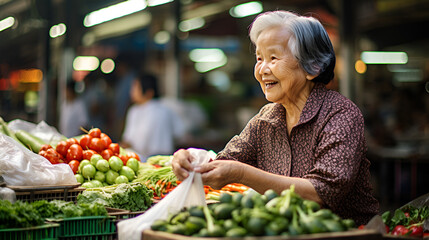 Elderly asian lady shopping on the food market