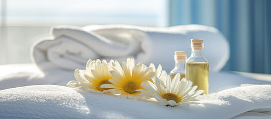 Fototapeta na wymiar close up white daisy flower with white spa towel, beauty treatment concept background, Generative Ai