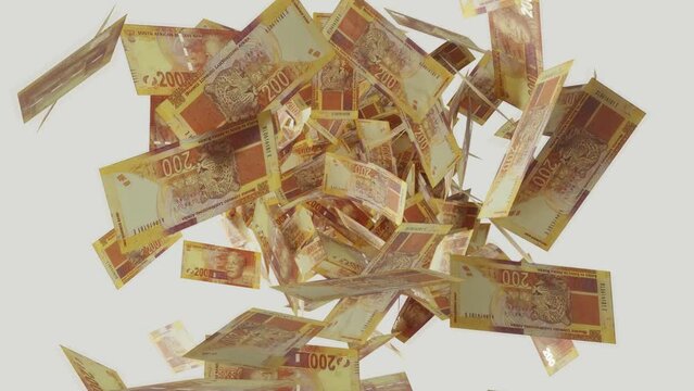 An array of South African two hundred rand bill notes falling through the air towards the camera on an isolated light background