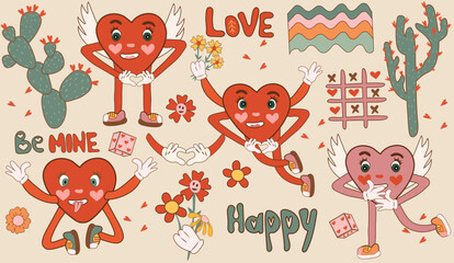Comic-inspired happy heart character, designed in a chic retro 60s-70s cartoon style. Includes a variety of retro heart, cactus, rainbow, flowers. Ideal as love stickers for posters and cards. Vector.
