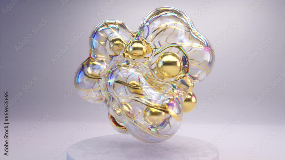 Poster abstract translucent bubble cluster with golden cores, 3d animation