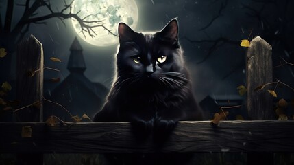 A hyper-detailed black cat with piercing green eyes, sitting on a hyper-realistic fence under the full moon on Halloween night