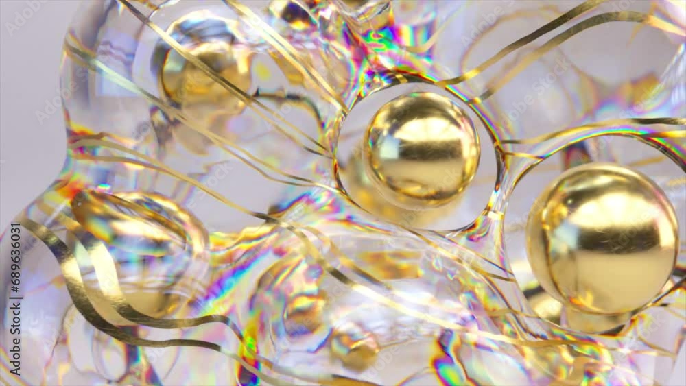Poster abstract translucent bubble cluster with golden cores, 3d animation