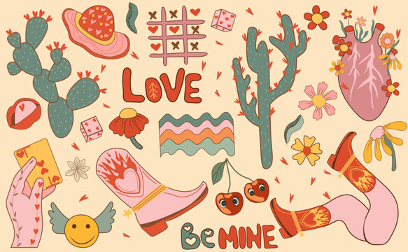 Retro Valentine's Day Sticker Collection. Features Cartoon Groovy Romantic Elements And Holiday Hippie Characters. Ideal As Love Stickers For Posters And Cards. Vector Illustration.