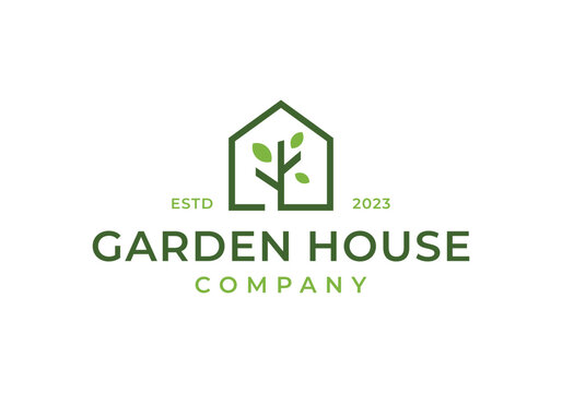 plant leaf with house for garden house logo design illustration