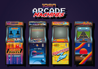1980s Electronic Video Game Arcade Machines, 8 bit Shooter, Racing, Fighting Games © koyash07