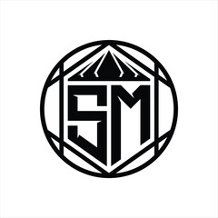 SM Letter Logo monogram hexagon slice crown sharp shield shape isolated circle abstract style design