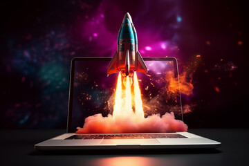 AI-Generated Neon Rocket Launch from Laptop Imagery - obrazy, fototapety, plakaty