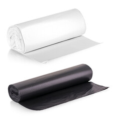Set of Rolls of disposable trash bags isolated over white background.