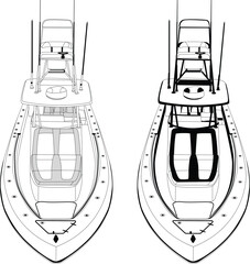 Front and top view fishing boat vector line art illustration.