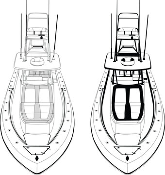 Front and top view fishing boat vector line art illustration.