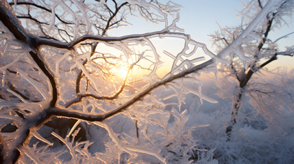 Obraz premium cold winter in the forest with ice forming on branches and sunlight in the background