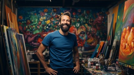 Portrait of a joyful artist in a studio, with a colorful canvas in the background.