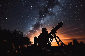 Foto op Plexiglas Man sitting outside and looking through a big telescope at the night sky full of stars. Camping, beautiful night sky. © VisualProduction