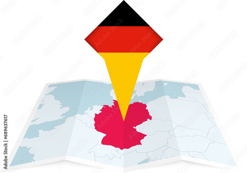 Sticker Germany pin flag and map on a folded map