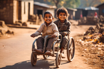 Happy indian children on wheelchair. A child with disabilities on street. Handicapped children can't walk after a back spine injury. - obrazy, fototapety, plakaty