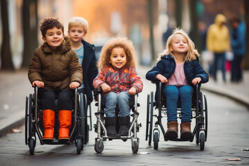 Happy children on wheelchair. A child with disabilities on street. Handicapped children can't walk after a back spine injury. - obrazy, fototapety, plakaty