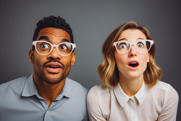 Man and woman trying new glasses in the optics, mixed race. Choosing new glasses. Couples in optics store, shopping for glasses, mixed race. - obrazy, fototapety, plakaty