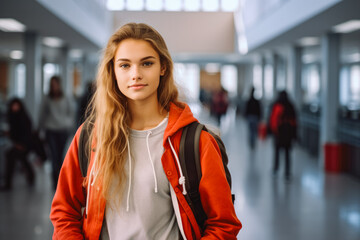 Obraz premium Portrait of a students in a modern high school. Positive teenagers holding backpack looking at camera standing in modern campus hall.