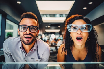 Man and woman trying new glasses in the optics, mixed race. Choosing new glasses. Couples in optics store, shopping for glasses, mixed race. - obrazy, fototapety, plakaty