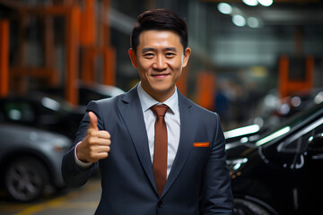 Chinese businessman giving thumb up.