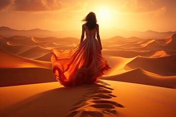 Fototapeta na wymiar Beautiful woman walking through desert at sunset with sand dunes in background