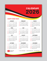 Wall calendar 2026 template, calendar 2026 design, red wave background, desk calendar 2026 design, Week start Sunday, flyer, Set of 12 Months, Week starts Sunday, organizer, planner, printing media