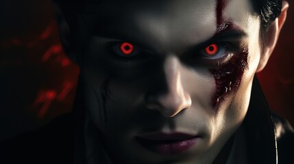 A close-up portrait of a hyper-realistic vampire, with sharp fangs, pale skin, and blood-red eyes, against a moonlit backdrop