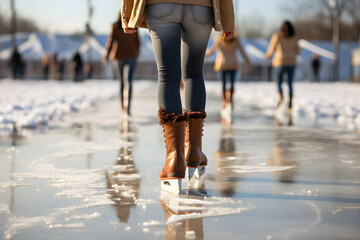Female legs with ice skating shoe on ice.