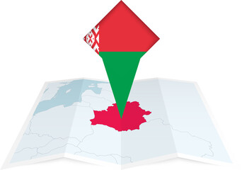 Belarus pin flag and map on a folded map