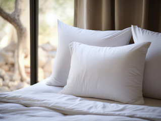 Fototapeta na wymiar Comfortable bed with soft white pillows and bedding in bed
