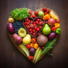 Fresh fruits and vegetables arranged in a heart shape, symbolizing love for healthy eating. Concept: Health,Love