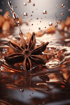 Anise, asian spice in splash of water. Closeup, macro shot. Ai Generative