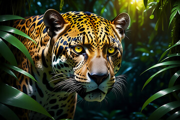 Jaguar Walking through the Jungle Breath Taking close up of a Leopard Portrait Terror of the Jungle an Aggressive Leopard Hunting in a Tropical Rainforest  