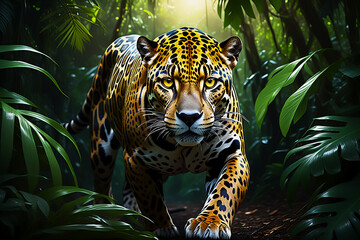 Jaguar Walking through the Jungle Breath Taking close up of a Leopard Portrait Terror of the Jungle an Aggressive Leopard Hunting in a Tropical Rainforest  