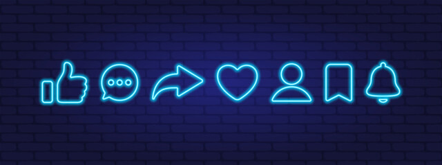 Like, comment, share. Social media interface icons neon style. Vector scalable graphics