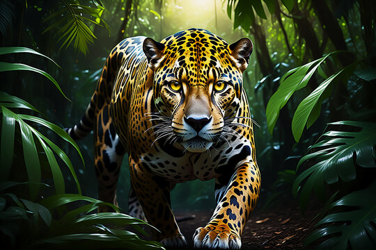 Jaguar Walking through the Jungle Breath Taking close up of a Leopard Portrait Terror of the Jungle an Aggressive Leopard Hunting in a Tropical Rainforest  