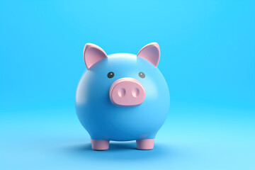 3D blue piggy bank, front view, on blue background