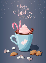 Winter hot chocolate, coffee with cinnamon, cream, Christmas candy cane, marshmallows and cookies. Happy holidays inscription. Cute Christmas greeting card design element.