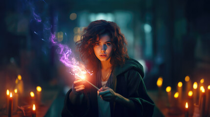 Modern teenage girl holding a magic wand emanating a purple flame with alert expression against indoor setting with burning candles. Contemporary fantasy concept. Generative AI