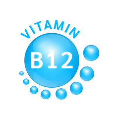 Vitamin B12 blue substance Sign Icon. Realistic design, small circle around. Isolated on white background. Personal care, beauty concept. Medicine health symbol of thiamine. Vector Illustration EPS10.