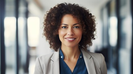 A realistic woman that works in marketing looking to the camera in an office with light background