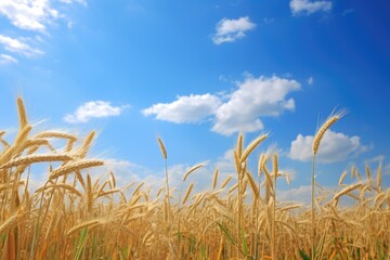 Golden wheat field under blue sky with white clouds.