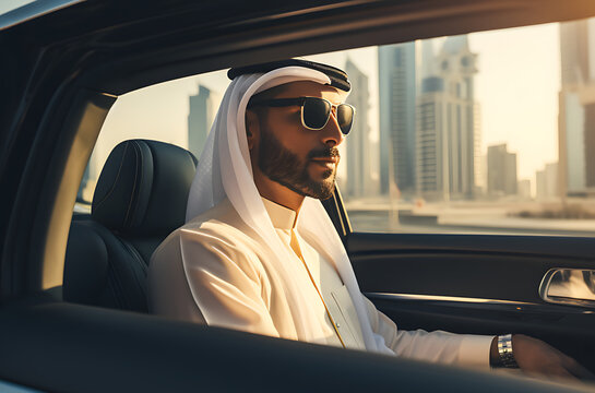 one , alone arab man, male sitting on driver place near steering wheel, wearing luxury suit and sunglasses. businessman drives a car.  business man sits in his car, looks at the window. Generative ai