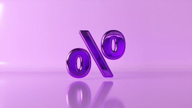 Gleaming purple percentage symbols in 3D animation, featuring reflective surfaces and a minimalist lilac backdrop.