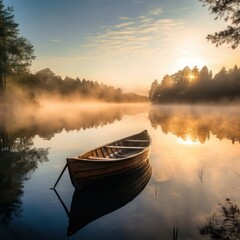 A solitary rowboat on a mirror-like lake reflecting the surrounding trees and morning sky, exuding...