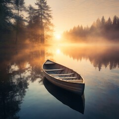 Sunrise over a misty lake with a single rowboat gently anchored, reflecting on calm waters