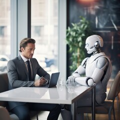 Futuristic interaction as a businessman in a smart suit discusses with a humanoid robot at a modern cafe