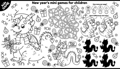 Vector winter holiday games placement for children. Outline Dragons of Chinese New Year 2024 in Christmas red hat Santa. Kids activity mat. Play, coloring. Maze, connect the dots, find the differences